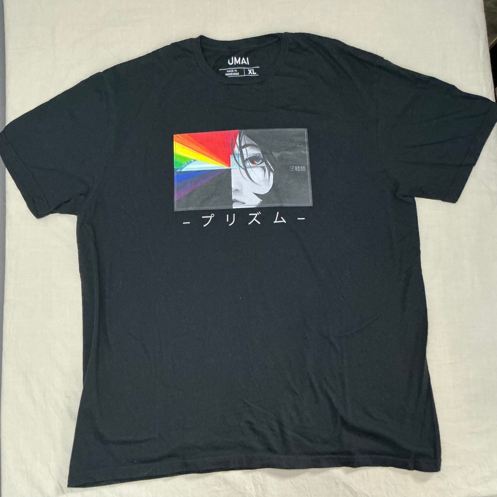 UMAI Anime Graphic T-Shirt Black Prism Character Japanese Text Mens XL